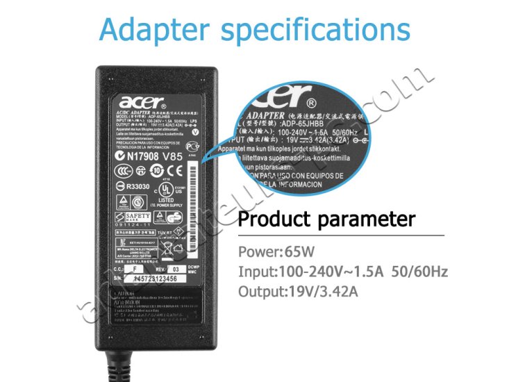 Chargeur Original Acer Aspire 5733Z-4461 5733Z-P623G32Mikk 65W - Cliquez sur l'image pour la fermer