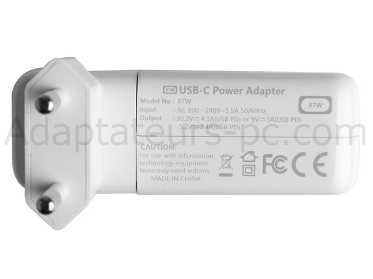 87W USB-C Adaptateur Chargeur - Apple MacBook Pro 15 MPTU2CR/A + Cable - Cliquez sur l'image pour la fermer