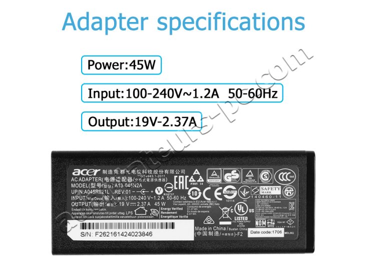 Chargeur Original Acer 6593-842G16Mn 6593G-842G25Mn 45W - Cliquez sur l'image pour la fermer