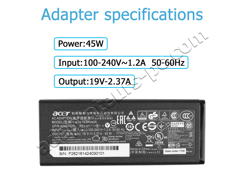 45W Acer PA-1450-26(3.0mm * 1.0mm) AC Adaptateur Chargeur