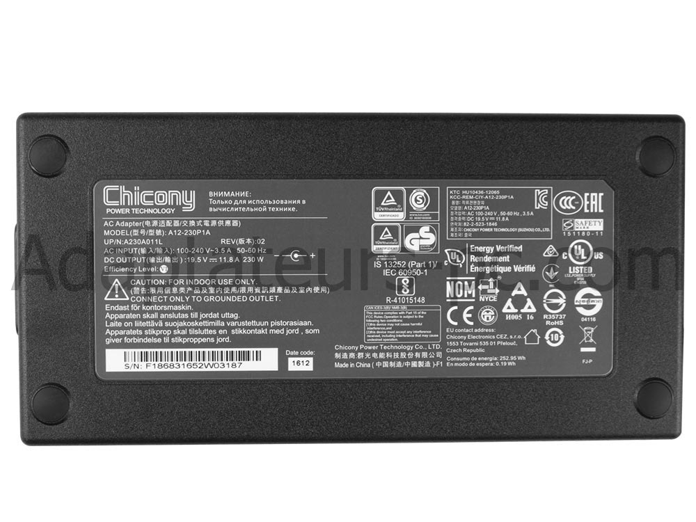 Original 230W Medion Erazer X6811 MD 97701 AC Adaptateur Chargeur