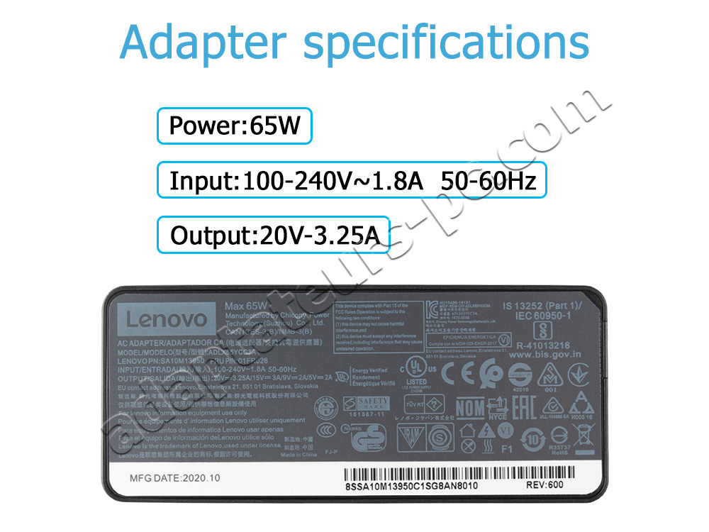 Original Lenovo 65W USB-C 20V 3.25A USB-C AC Adaptateur Chargeur