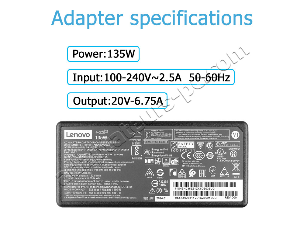 Original 135W Square Lenovo IdeaPad 5 Pro 16ACH6 82L5 AC Adaptateur Chargeur